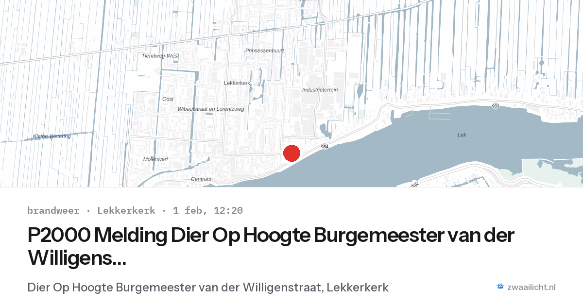 P2000 Melding Dier Op Hoogte Burgemeester van der Willigenstraat, Lekkerkerk — 1 feb 2026