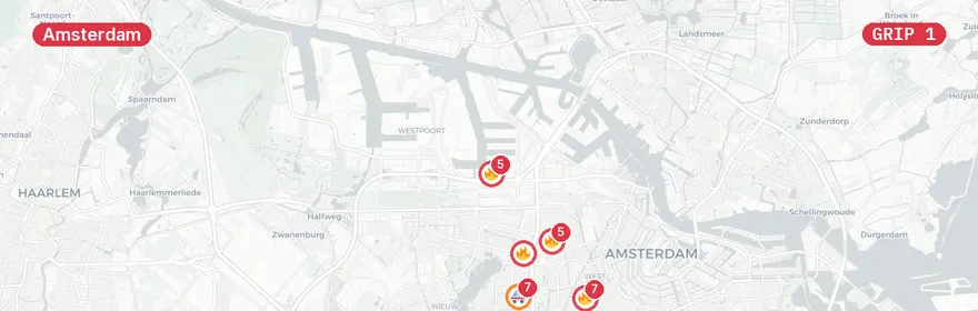 Kaart van Meerdere incidenten in Amsterdam, stoflekkage en reanimaties