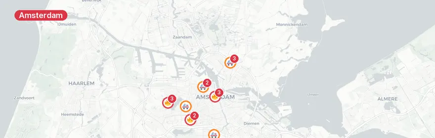 Kaart van Meerdere verkeersongevallen Amsterdam, gewonden naar ziek...