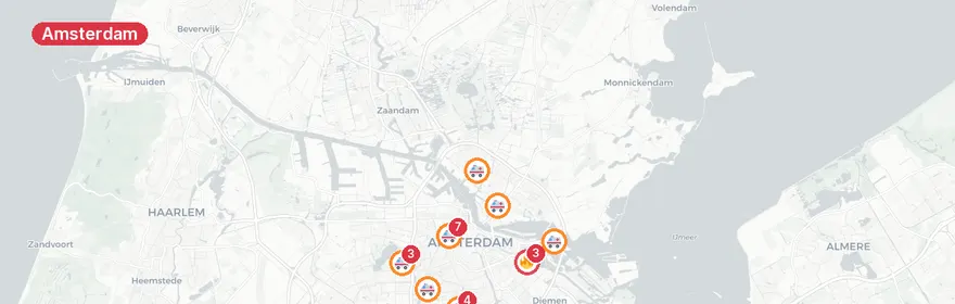 Kaart van Meerdere verkeersongevallen in Amsterdam