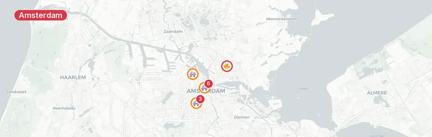 Kaart van Meerdere incidenten in Amsterdam, waaronder verkeersongev...