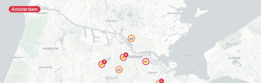 Kaart van Brandgerucht en verkeersongeval Tussen Meer Amsterdam