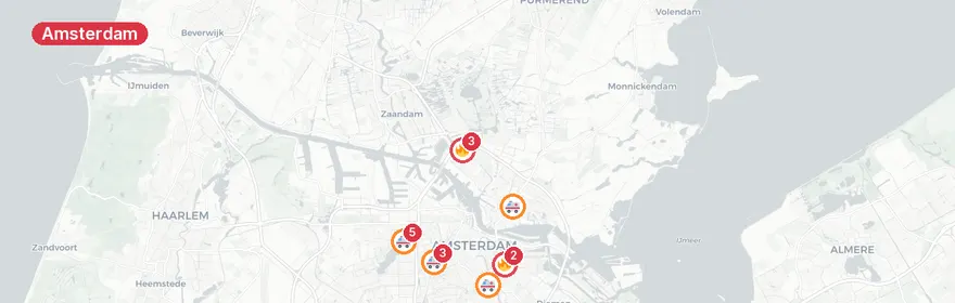Kaart van Meerdere spoedeisende interventies Amsterdam in korte tijd