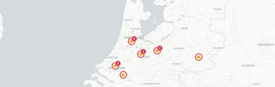 Kaart van Industriebranden Rotterdam en Amstelveen