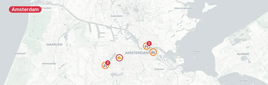 Kaart van Meerdere verkeersongevallen in Amsterdam