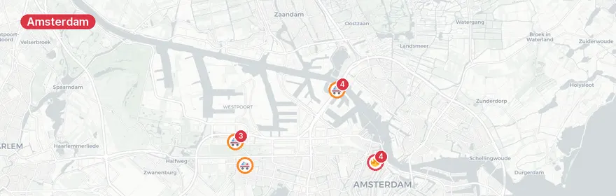 Kaart van Meerdere noodsituaties in Amsterdam binnen 20 minuten