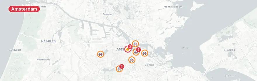 Kaart van Meerdere incidenten Amsterdam - piekmoment hulpdiensten