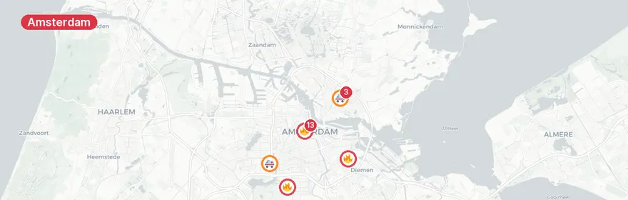 Kaart van Meerdere verkeersongevallen Amsterdam-Centrum