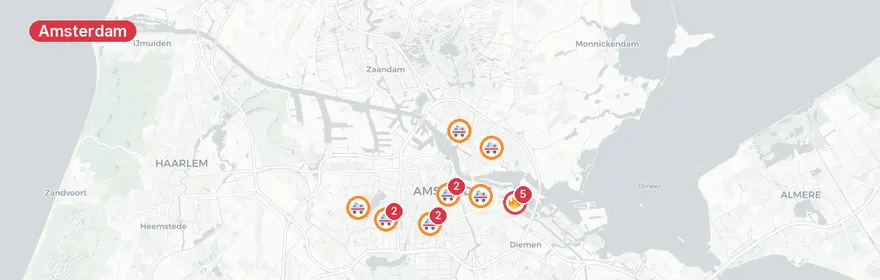 Kaart van Verkeerschaos Amsterdam met meerdere ongelukken