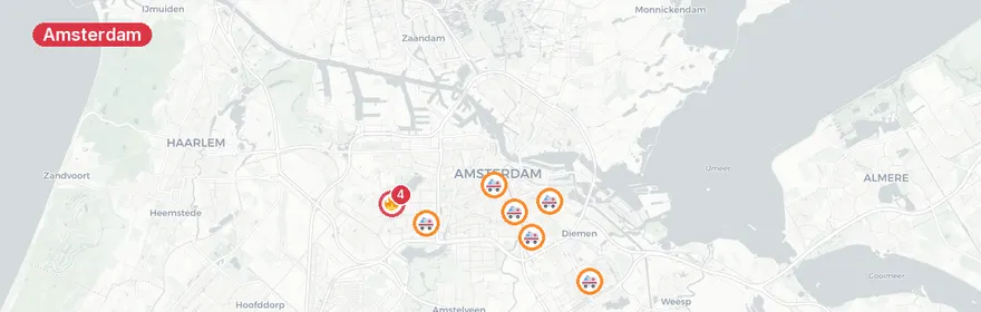 Kaart van Meerdere incidenten in Amsterdam, auto in brand