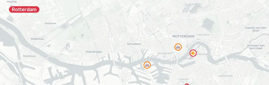 Kaart van Brandbranden Botlek en verkeersongevallen Rotterdam