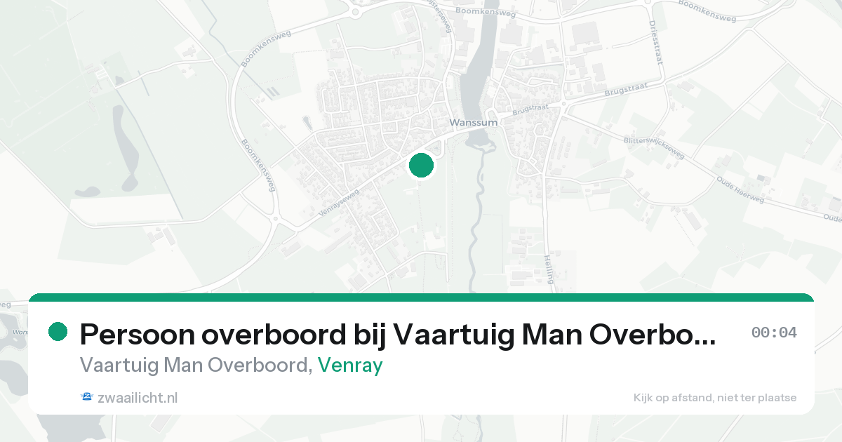 Persoon overboord bij Vaartuig Man Overboord in Venray — 22 aug 2026