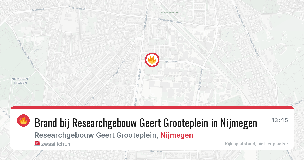 Brand bij Researchgebouw Geert Grooteplein in Nijmegen — 16 mrt 2026
