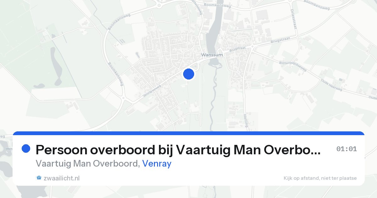 Persoon overboord bij Vaartuig Man Overboord in Venray — 22 aug 2026